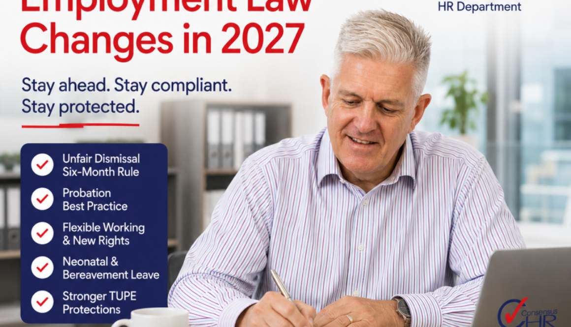 Man at a desk writes in a notebook while a large poster beside him reads 'Preparing Your Business for Employment Law Changes in 2027' with the Consensus HR logo visible in the top right.