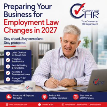 Man at a desk writes in a notebook while a large poster beside him reads 'Preparing Your Business for Employment Law Changes in 2027' with the Consensus HR logo visible in the top right.