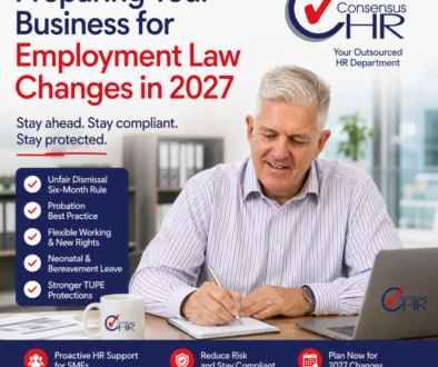 Man at a desk writes in a notebook while a large poster beside him reads 'Preparing Your Business for Employment Law Changes in 2027' with the Consensus HR logo visible in the top right.