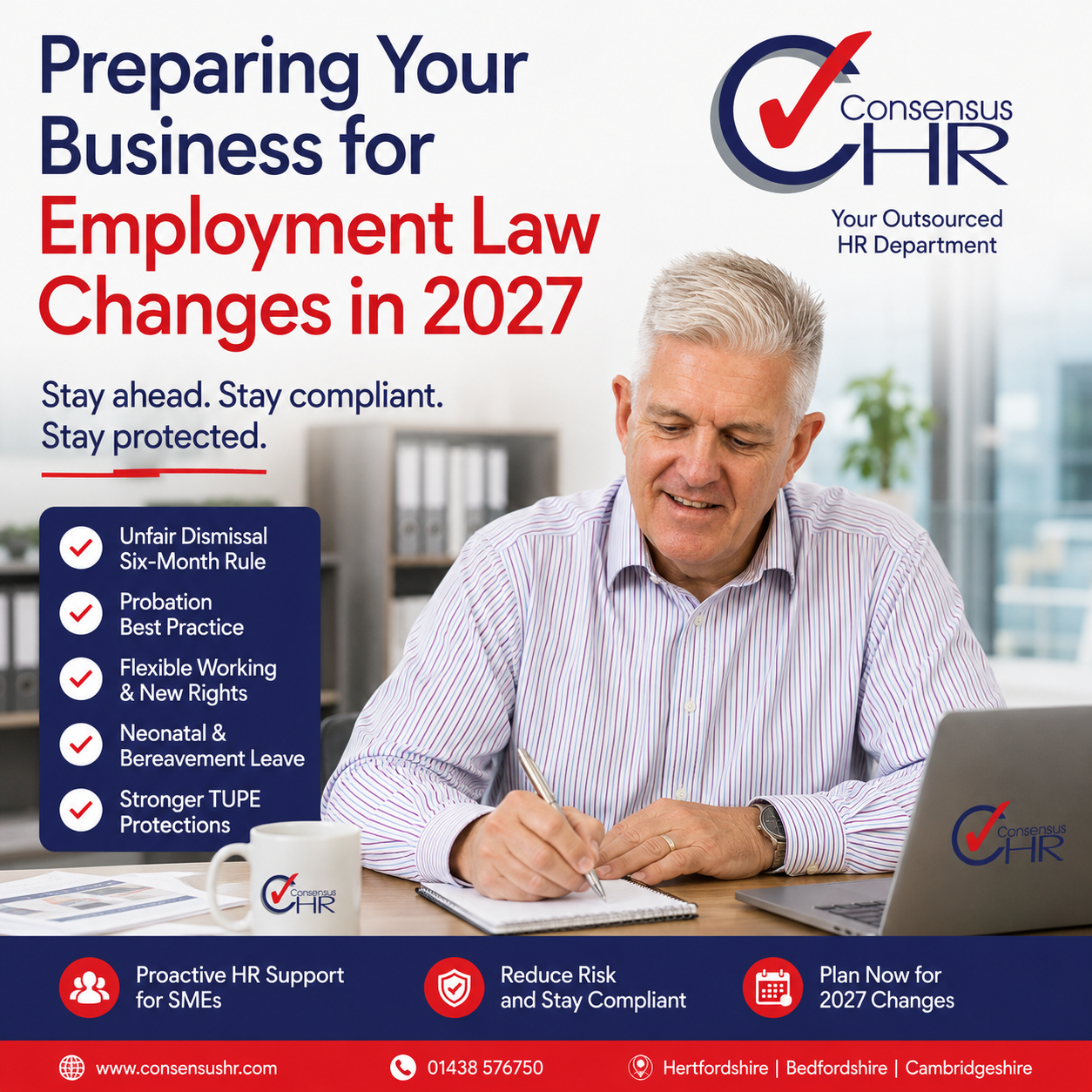 Man at a desk writes in a notebook while a large poster beside him reads 'Preparing Your Business for Employment Law Changes in 2027' with the Consensus HR logo visible in the top right.