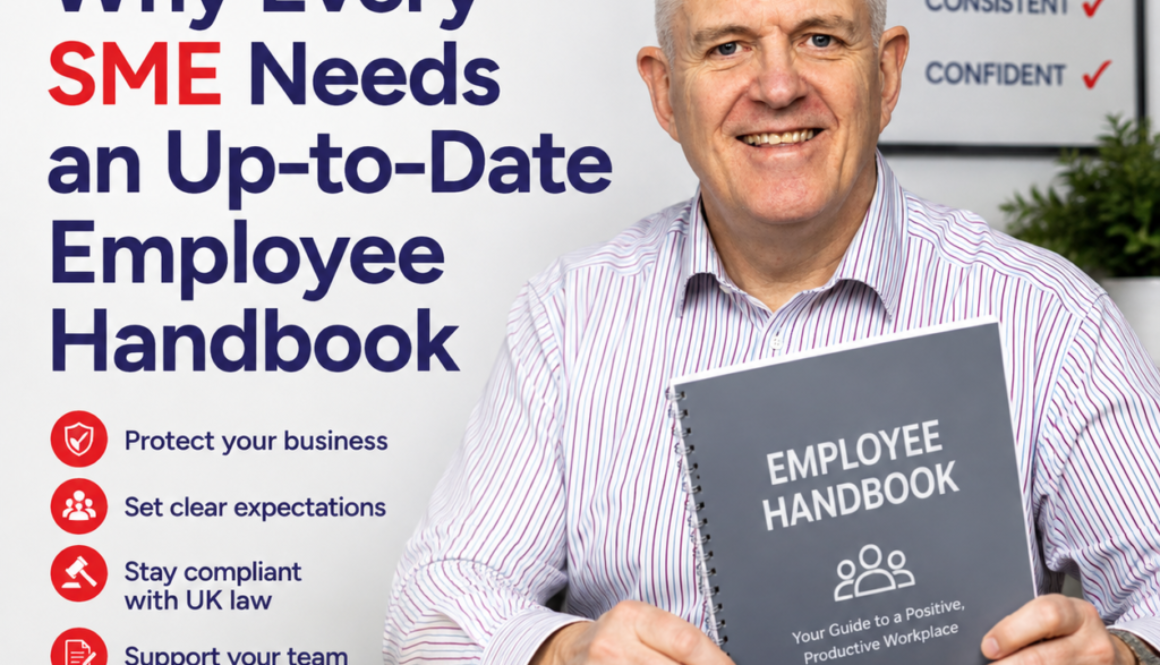 Smiling man in a striped shirt holds a gray 'Employee Handbook' booklet beside a poster that says 'Why Every SME Needs an Up-to-Date Employee Handbook' with a red checkmark logo.