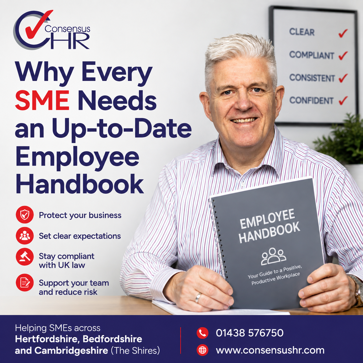Smiling man in a striped shirt holds a gray 'Employee Handbook' booklet beside a poster that says 'Why Every SME Needs an Up-to-Date Employee Handbook' with a red checkmark logo.