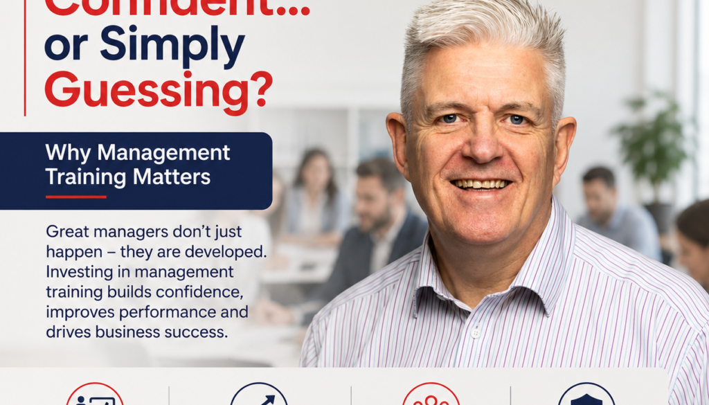 Promotional ad for Consensus HR featuring a smiling man, bold headline about managers' confidence and training benefits, company logo on top right.
