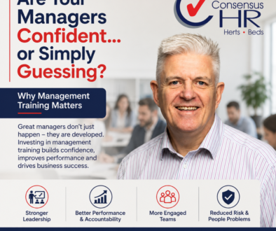 Promotional ad for Consensus HR featuring a smiling man, bold headline about managers' confidence and training benefits, company logo on top right.