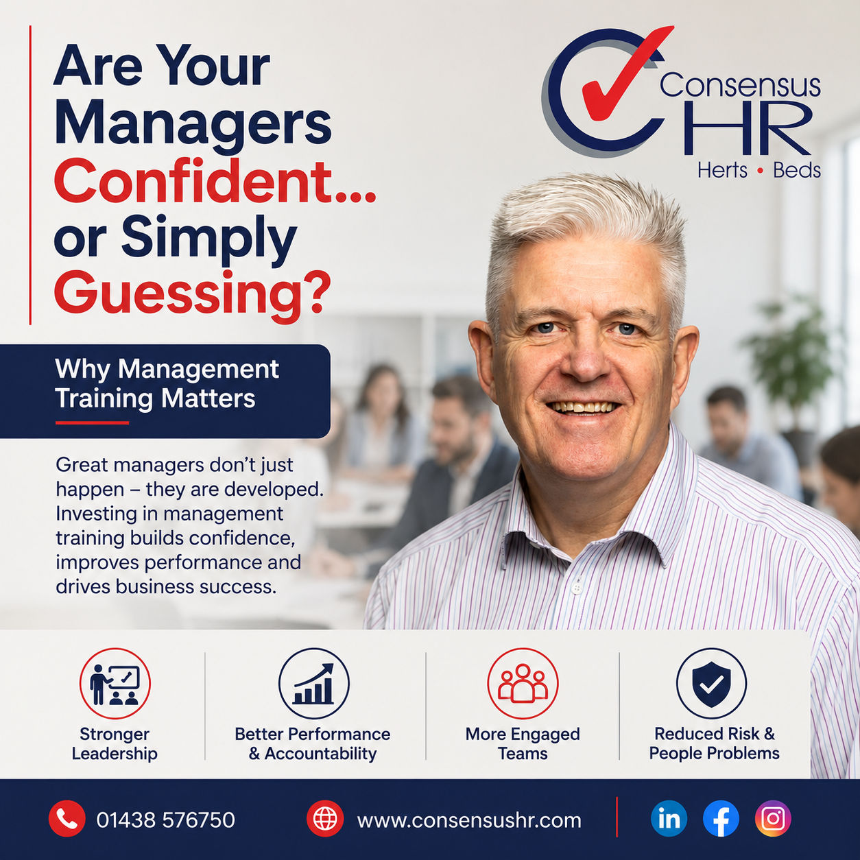 Promotional ad for Consensus HR featuring a smiling man, bold headline about managers' confidence and training benefits, company logo on top right.