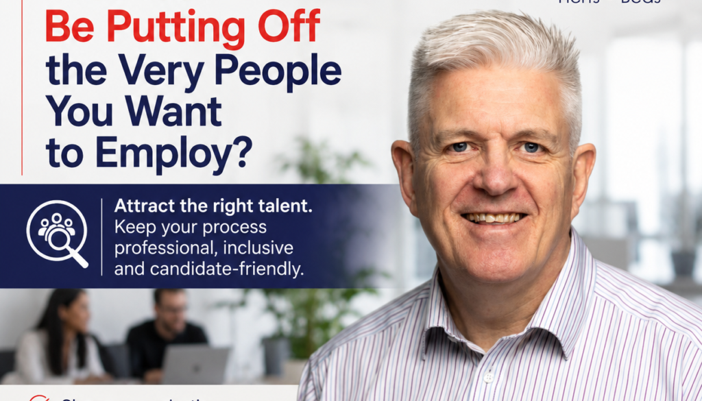 Recruitment ad for Consensus HR with a smiling man beside their logo and the headline questioning recruitment process fairness and efficiency.