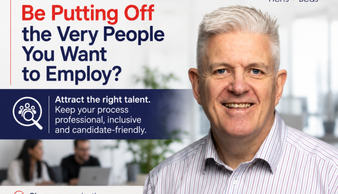 Recruitment ad for Consensus HR with a smiling man beside their logo and the headline questioning recruitment process fairness and efficiency.
