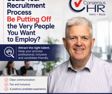 Recruitment ad for Consensus HR with a smiling man beside their logo and the headline questioning recruitment process fairness and efficiency.