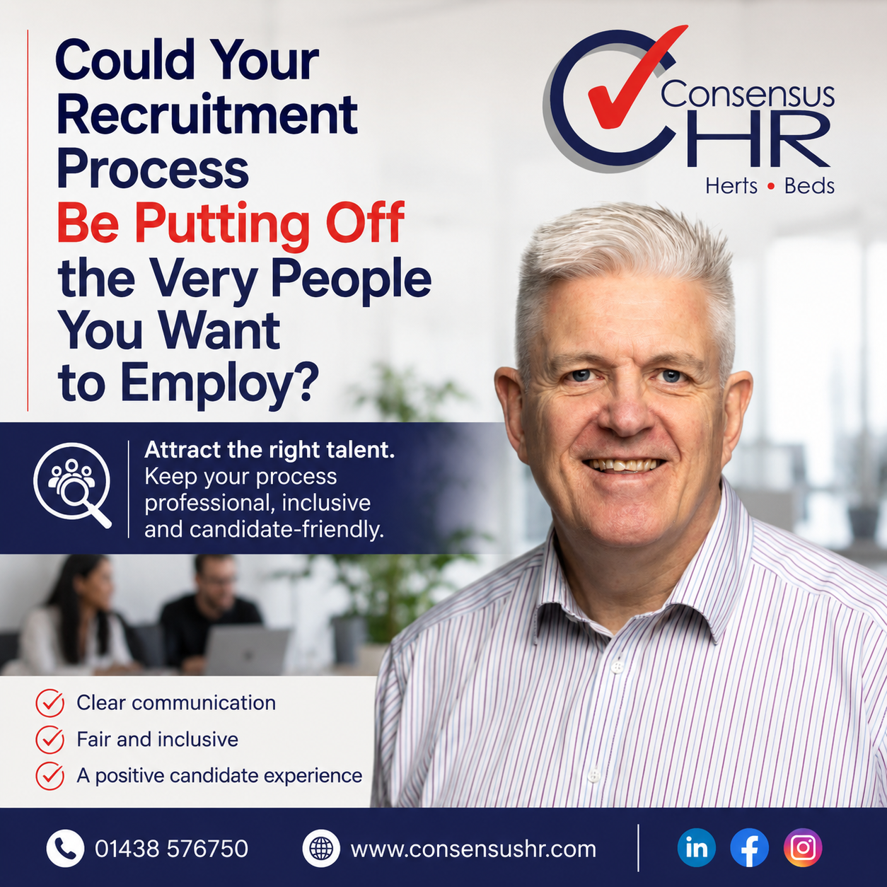 Recruitment ad for Consensus HR with a smiling man beside their logo and the headline questioning recruitment process fairness and efficiency.