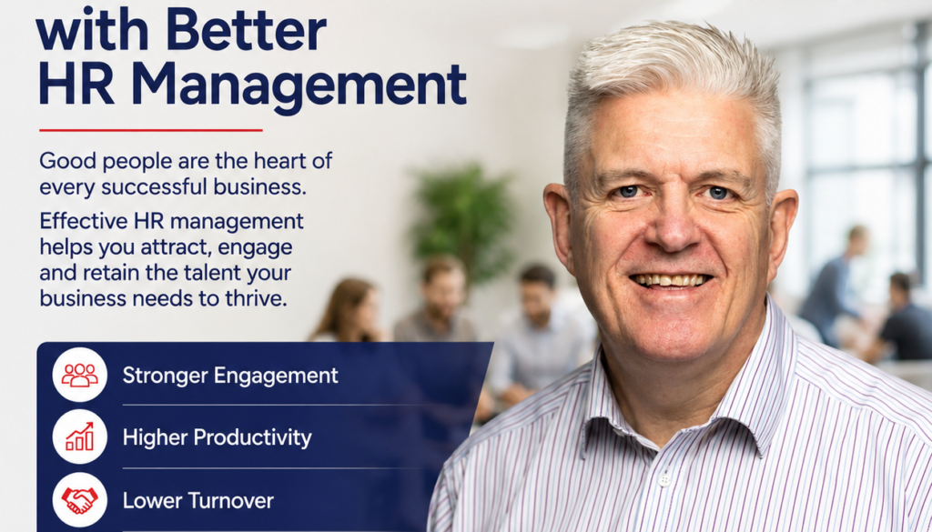 Poster advertising HR services: headline 'Improve Employee Retention with Better HR Management', Consensus HR logo in top-right, smiling man, and a blue bullet list of benefits (Stronger Engagement, Higher Productivity, Lower Turnover, A Positive Workplace Culture). Contact info at bottom.
