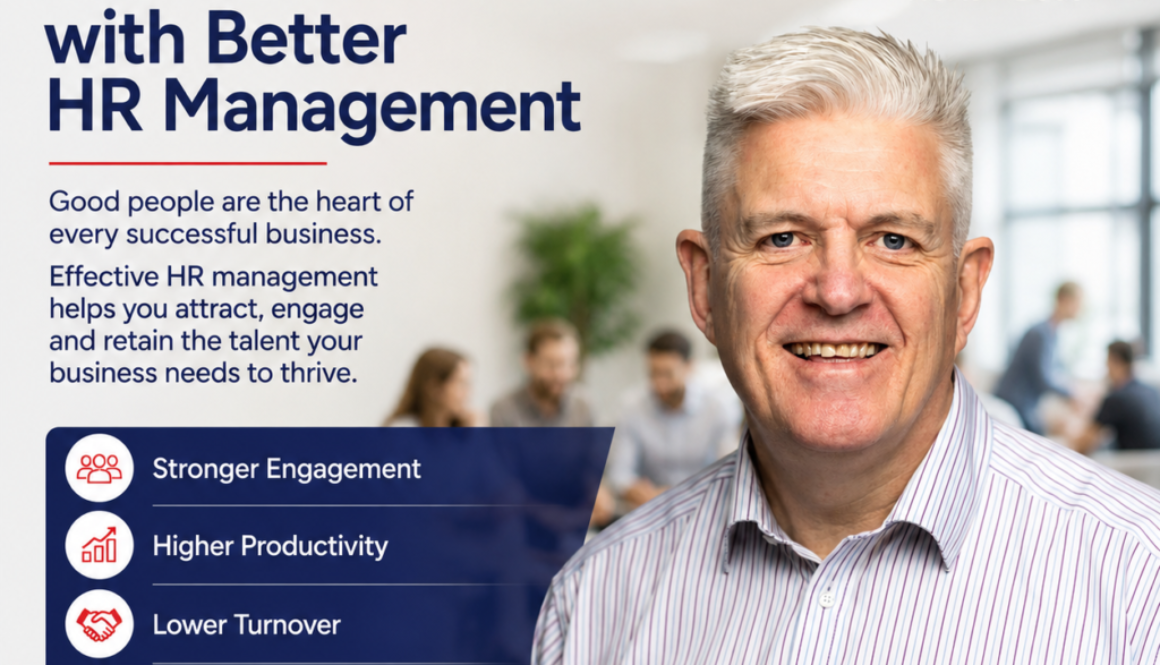 Poster advertising HR services: headline 'Improve Employee Retention with Better HR Management', Consensus HR logo in top-right, smiling man, and a blue bullet list of benefits (Stronger Engagement, Higher Productivity, Lower Turnover, A Positive Workplace Culture). Contact info at bottom.