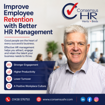 Poster advertising HR services: headline 'Improve Employee Retention with Better HR Management', Consensus HR logo in top-right, smiling man, and a blue bullet list of benefits (Stronger Engagement, Higher Productivity, Lower Turnover, A Positive Workplace Culture). Contact info at bottom.