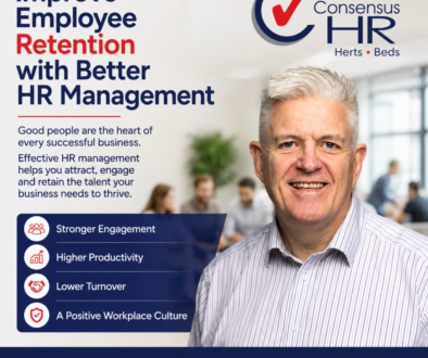 Poster advertising HR services: headline 'Improve Employee Retention with Better HR Management', Consensus HR logo in top-right, smiling man, and a blue bullet list of benefits (Stronger Engagement, Higher Productivity, Lower Turnover, A Positive Workplace Culture). Contact info at bottom.