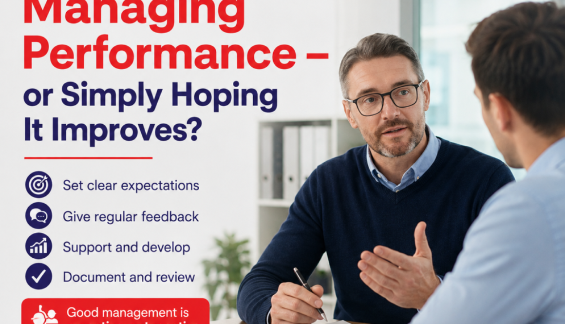 Poster reading 'Are Your Managers Managing Performance—or Simply Hoping It Improves?' with two men discussing at a desk and the Consensus HR logo nearby.