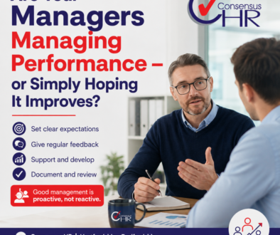 Poster reading 'Are Your Managers Managing Performance—or Simply Hoping It Improves?' with two men discussing at a desk and the Consensus HR logo nearby.