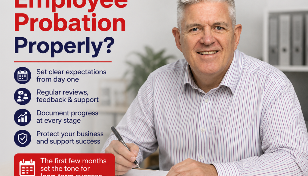 Advert for Consensus HR showing a man at a desk writing, with the bold headline “Are You Managing Employee Probation Properly?” and HR tip bullets on the left side.
